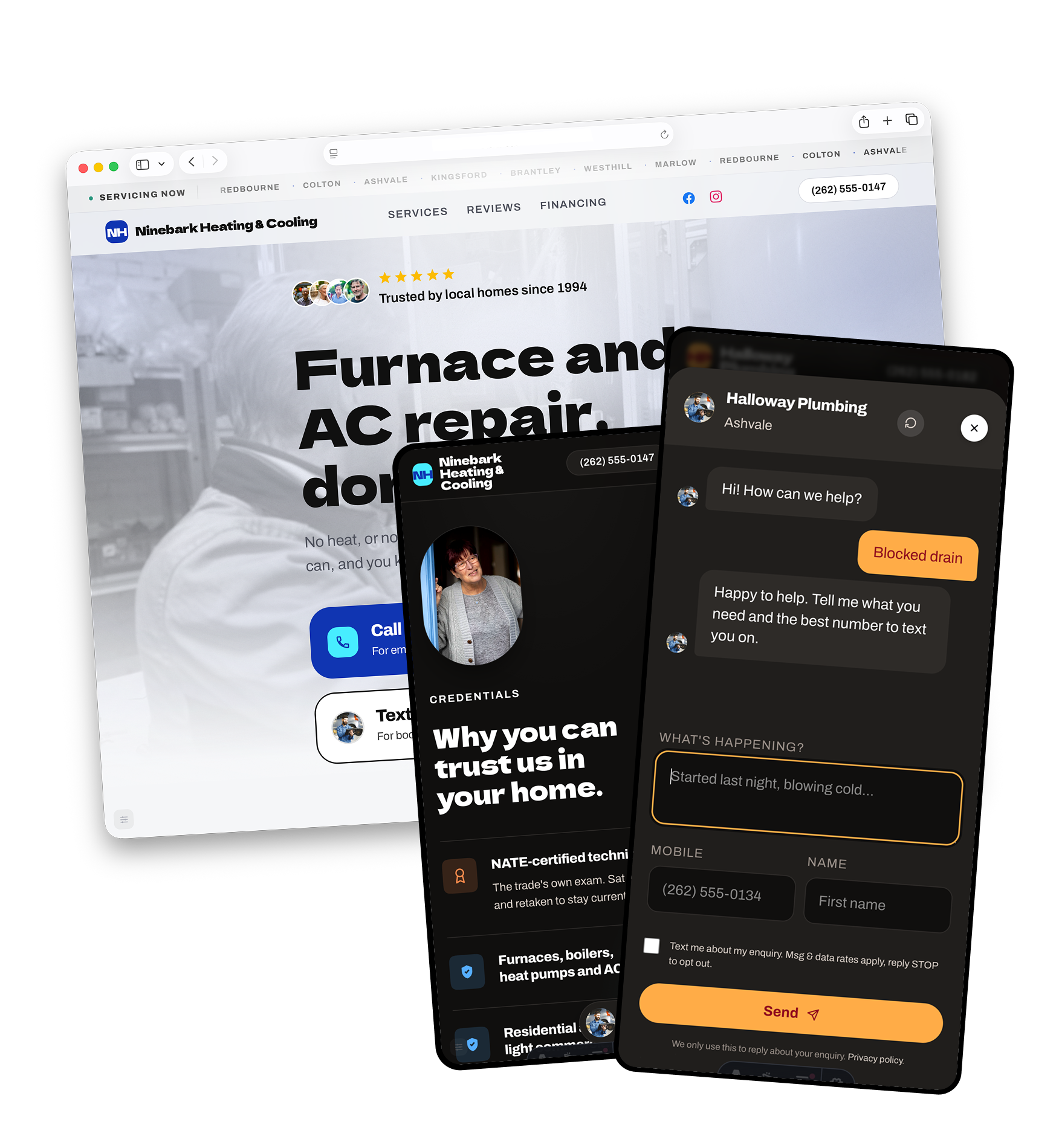 Three contractor websites on phones: a plumbing shop in dark colours, a heating shop in light colours, and a texting panel replying in seconds.
